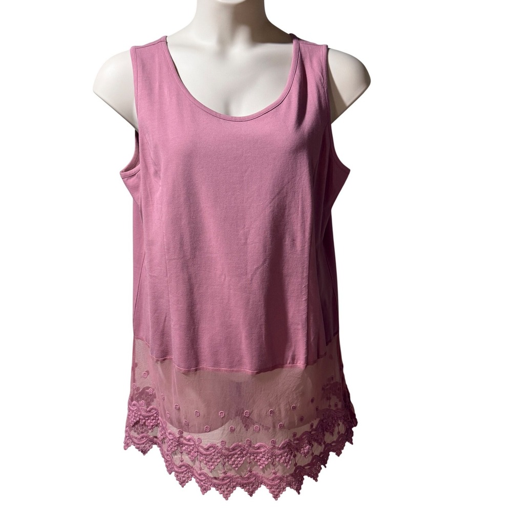 Kathleen Kirkwood Women 1X Pink‎ Lace Hem Sleeveless Mixed Media Tank Top Rose